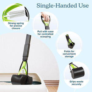 Pooper Scooper - Foldable Cat and Dog Poop Scoop with Ergonomic Handle - Enables One-Handed Use on Concrete, Grass, and Gravel by (Green)