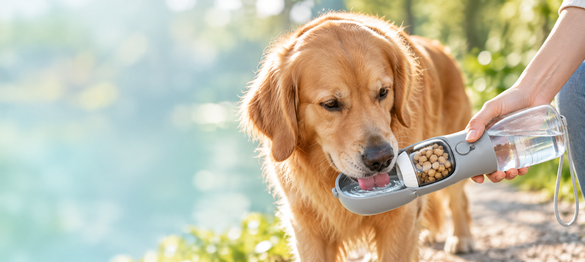 Golden retriever drinking from the grey 3-in-1 dog travel bottle on a park walk