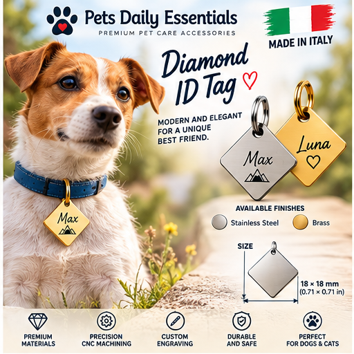 Illustrative design concept of diamond personalized pet ID tag; final product may differ