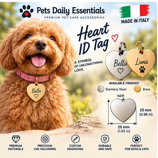 Illustrative design concept of heart personalized pet ID tag; final product may differ