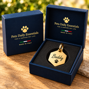 Illustrative Hexagon Solid Brass pet ID tag inside navy-and-gold Pets Daily Essentials box with Italian flag