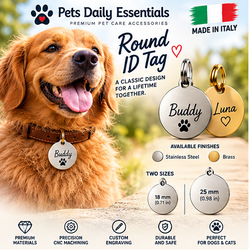 Illustrative design concept of round personalized pet ID tag; final product may differ