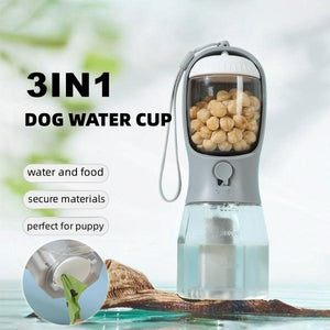 3-in-1 portable dog water bottle with food and waste bag storage