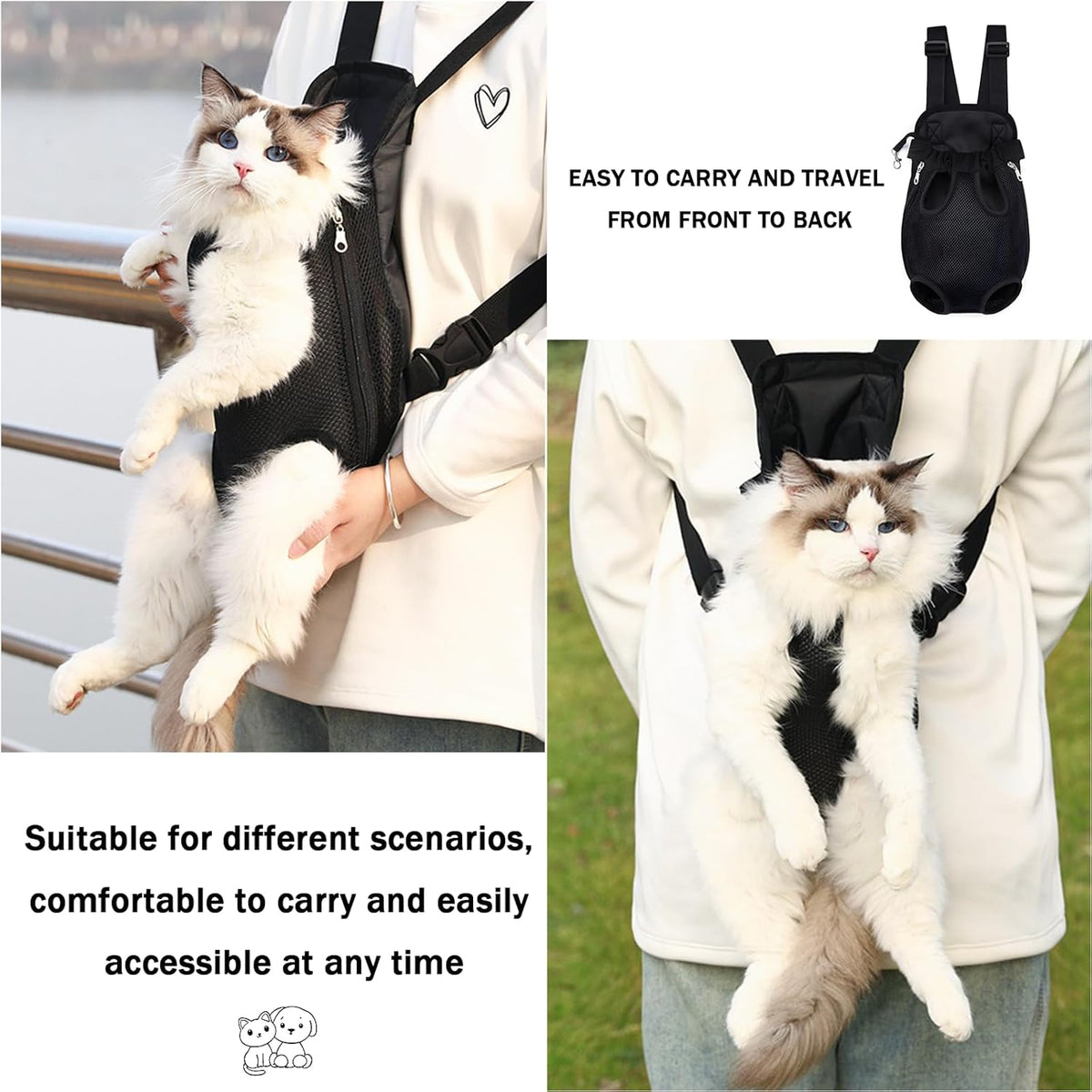 Pet Carrier Backpack, Adjustable Pet Front Carriers for Small Medium Dogs Cats 5-18 Lbs, Legs Out, Dog Cat Carrier Backpack for Hiking,Camping,Traveling,Cycling (Black, Medium（Fit:5-10Lb）)