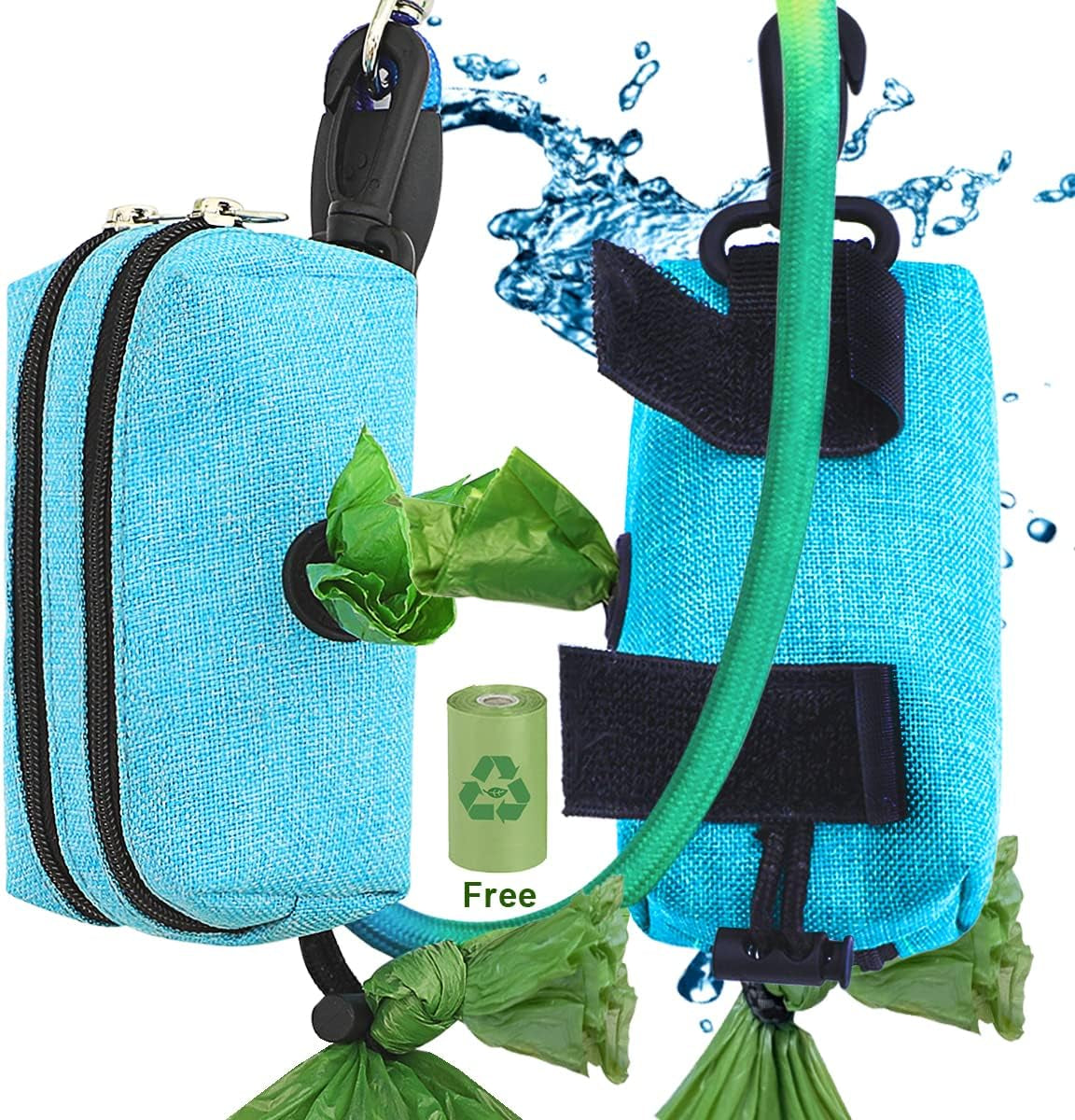 Poop Bag Dispenser for Leash - Poop Bag Holder 2 Zippers - Bag Dispenser for Dogs, Dog Waste Bag Holder Leash Attachment, Durable Fabric Velcro Pet Bag Dispenser Blue, Dog Bag Holder Aqua