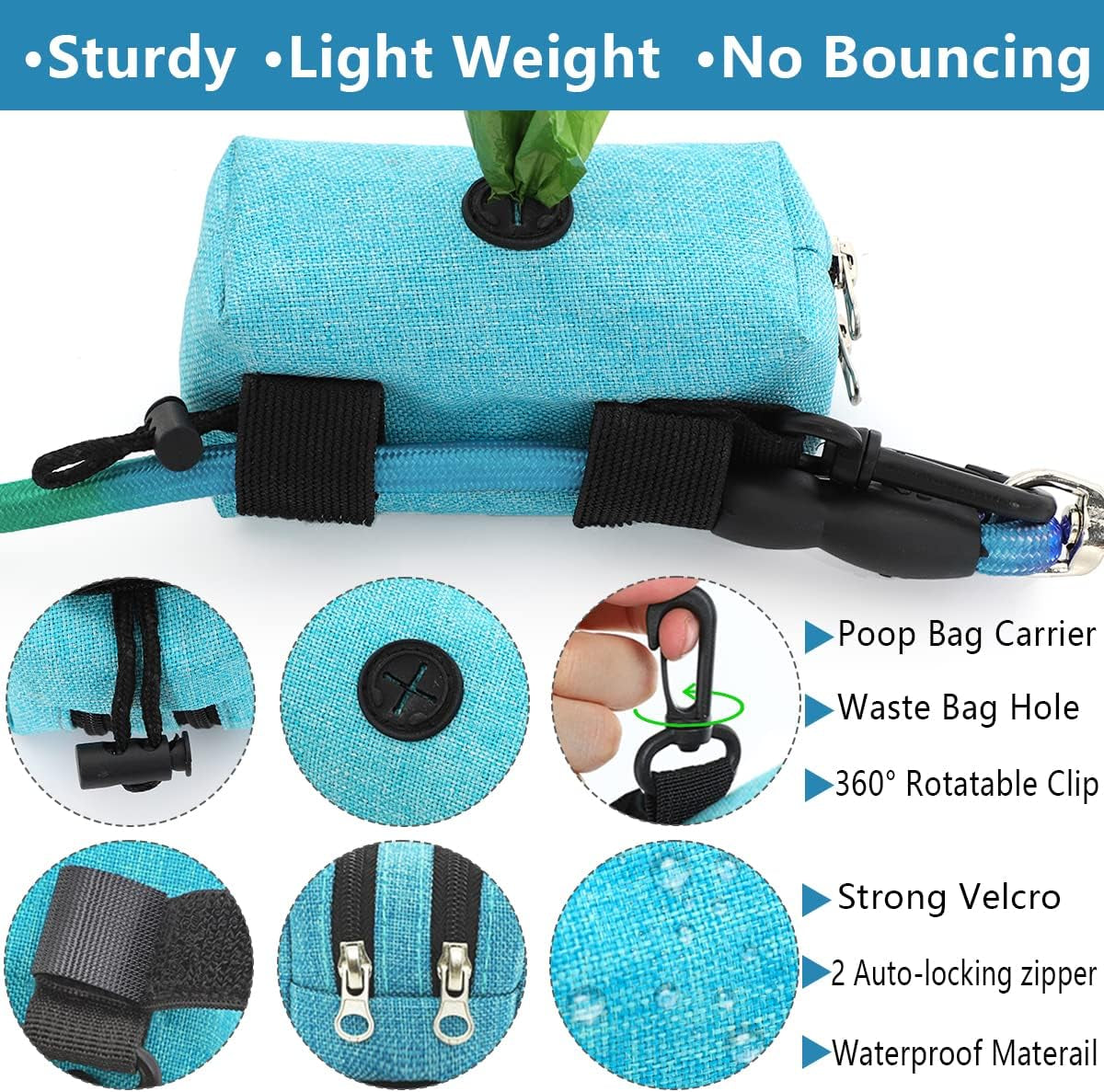 Poop Bag Dispenser for Leash - Poop Bag Holder 2 Zippers - Bag Dispenser for Dogs, Dog Waste Bag Holder Leash Attachment, Durable Fabric Velcro Pet Bag Dispenser Blue, Dog Bag Holder Aqua