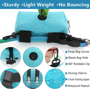 Poop Bag Dispenser for Leash - Poop Bag Holder 2 Zippers - Bag Dispenser for Dogs, Dog Waste Bag Holder Leash Attachment, Durable Fabric Velcro Pet Bag Dispenser Blue, Dog Bag Holder Aqua