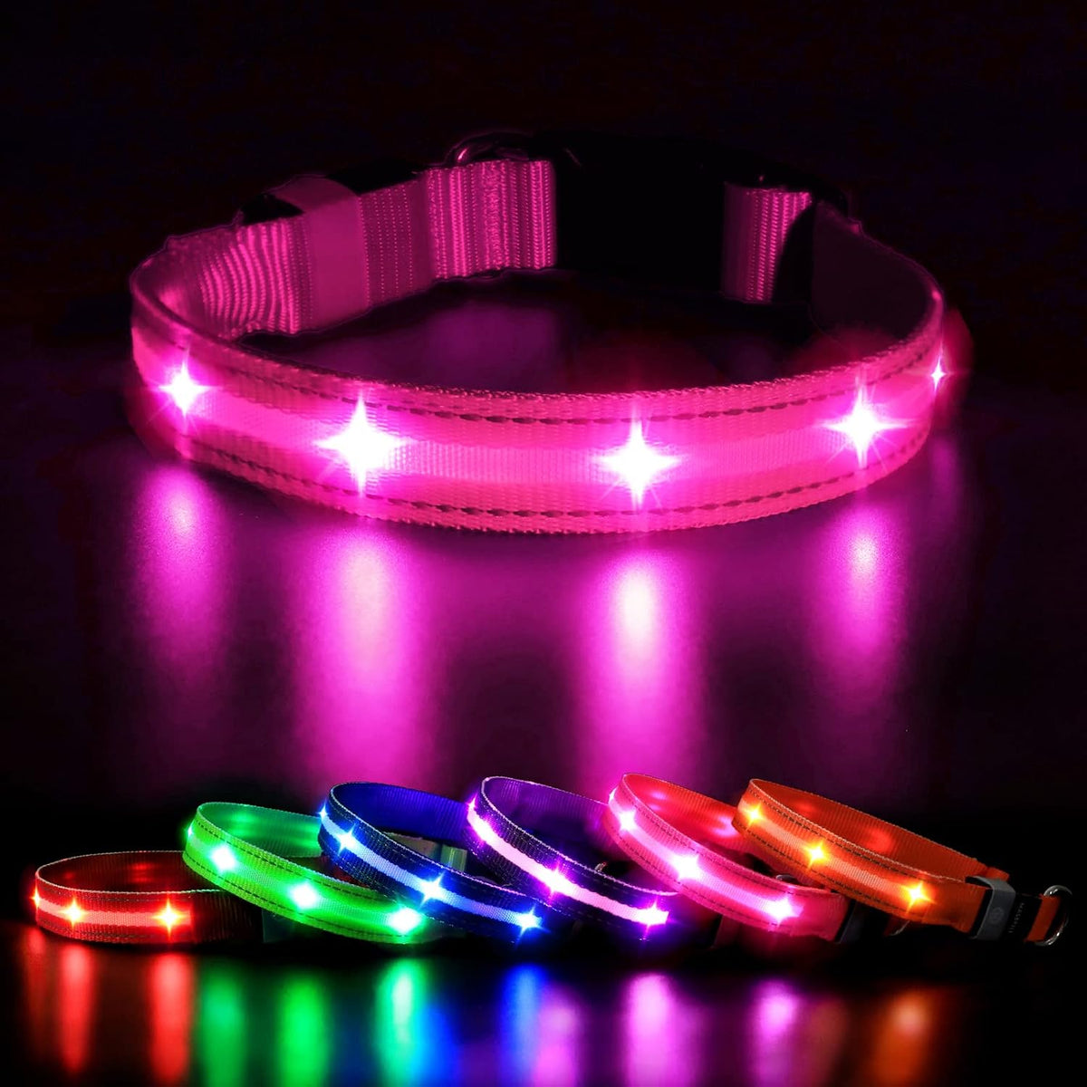 Rechargeable LED Dog Collar - Water-Resistant, Light Up, Flashing, Glowing for Night Safety - Adjustable Illuminated (S, Pink)
