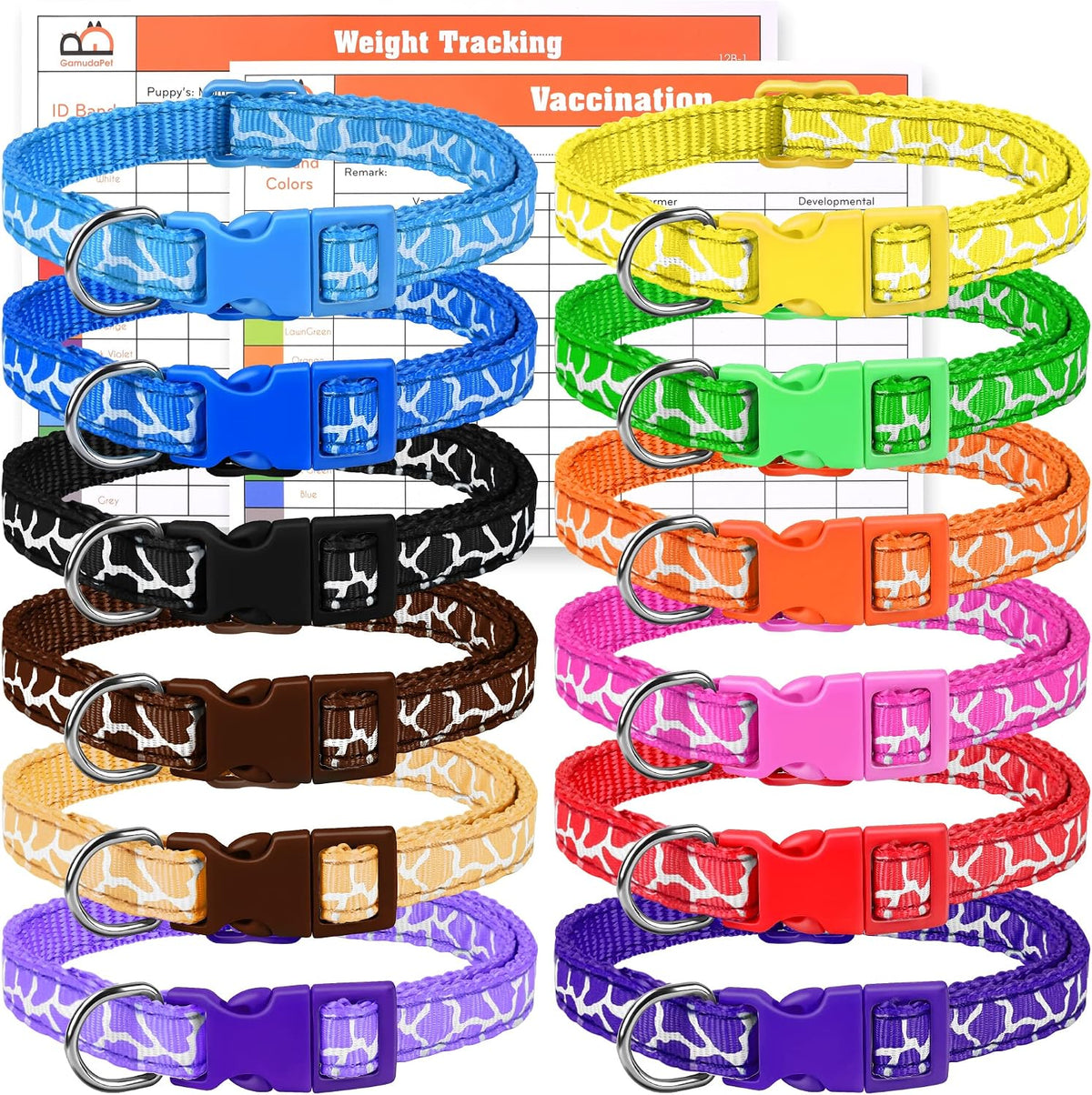 Puppy Litter Collars, Super Soft Nylon Adjustable Whelping ID Bands, Camouflage Assorted Colors Identification Set of 12 (S)