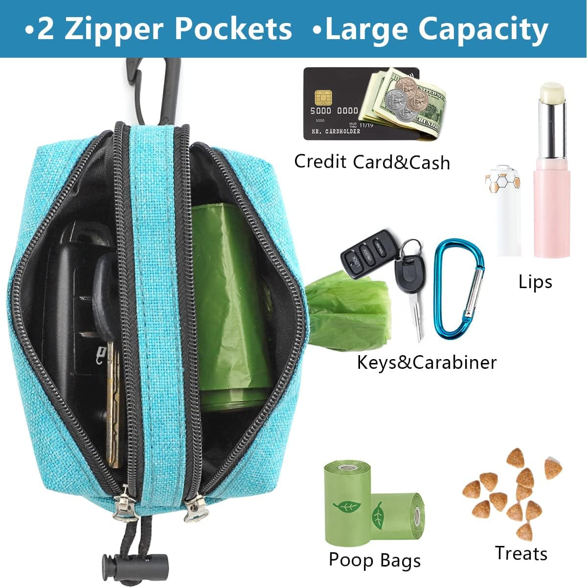 Poop Bag Dispenser for Leash - Poop Bag Holder 2 Zippers - Bag Dispenser for Dogs, Dog Waste Bag Holder Leash Attachment, Durable Fabric Velcro Pet Bag Dispenser Blue, Dog Bag Holder Aqua