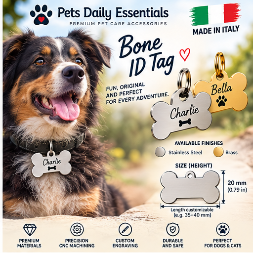 Illustrative design concept of bone personalized pet ID tag; final product may differ