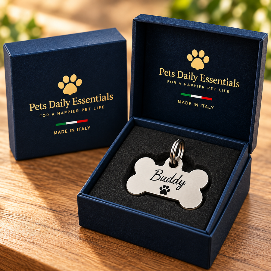 Illustrative Bone Stainless Steel pet ID tag inside navy-and-gold Pets Daily Essentials box with Italian flag