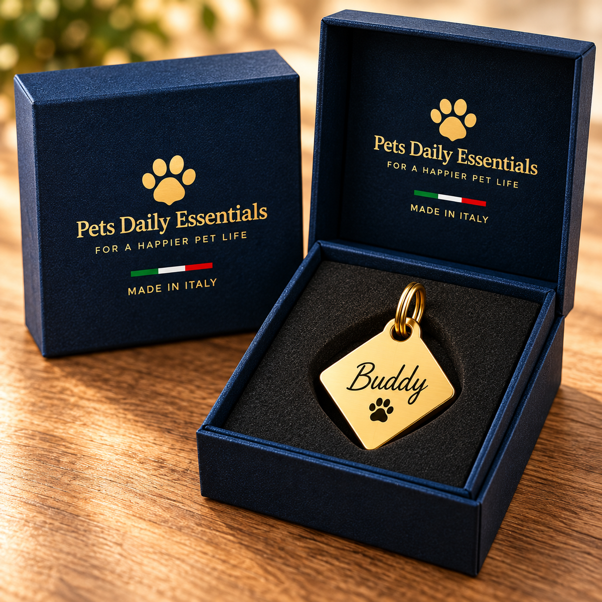 Illustrative Diamond Solid Brass pet ID tag inside navy-and-gold Pets Daily Essentials box with Italian flag