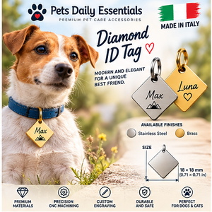 Illustrative design concept of diamond personalized pet ID tag; final product may differ