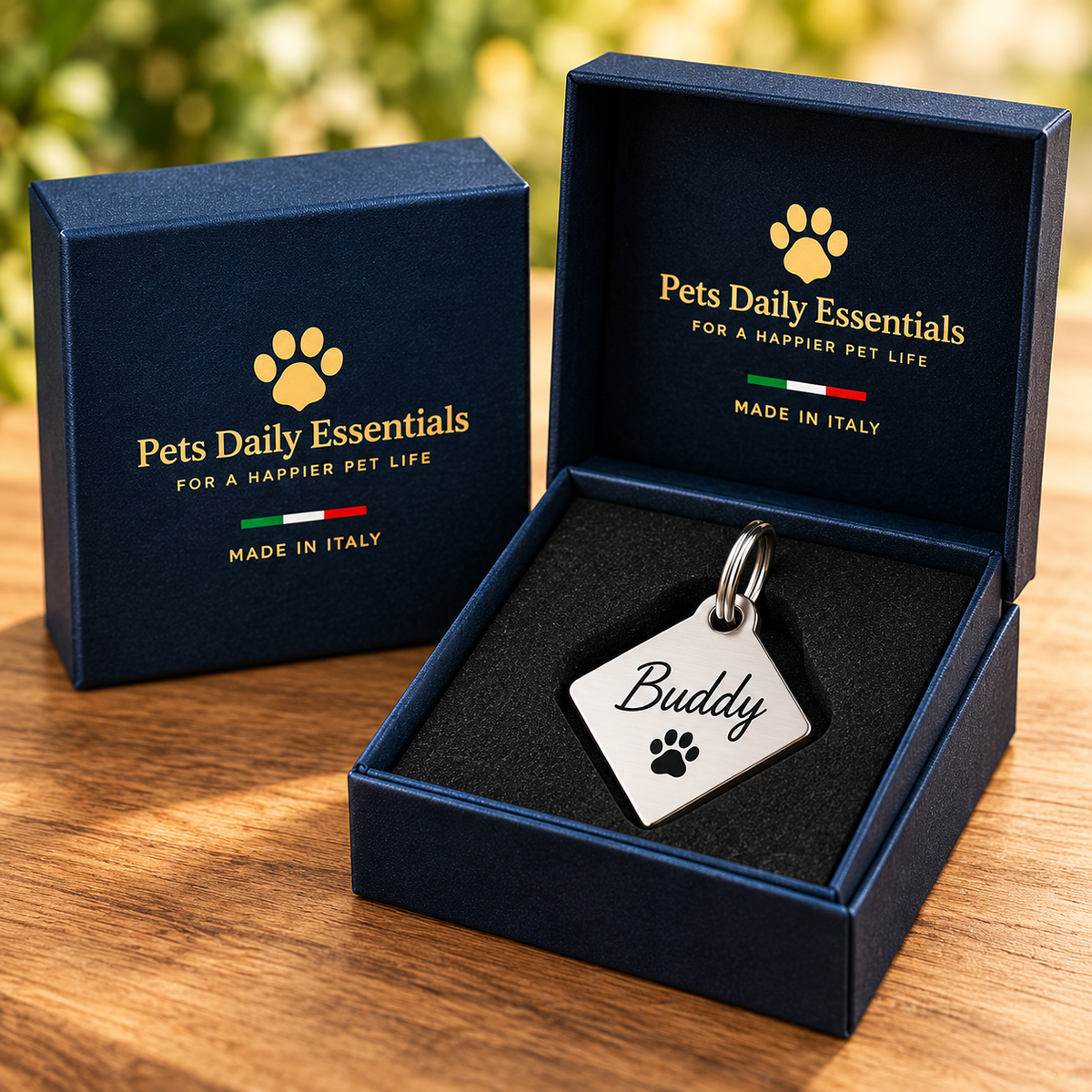 Illustrative Diamond Stainless Steel pet ID tag inside navy-and-gold Pets Daily Essentials box with Italian flag
