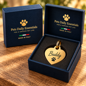 Illustrative Heart Solid Brass pet ID tag inside navy-and-gold Pets Daily Essentials box with Italian flag
