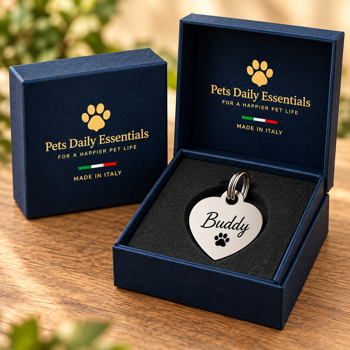 Illustrative Heart Stainless Steel pet ID tag inside navy-and-gold Pets Daily Essentials box with Italian flag