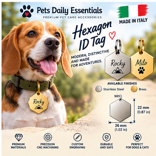 Illustrative design concept of hexagon personalized pet ID tag; final product may differ