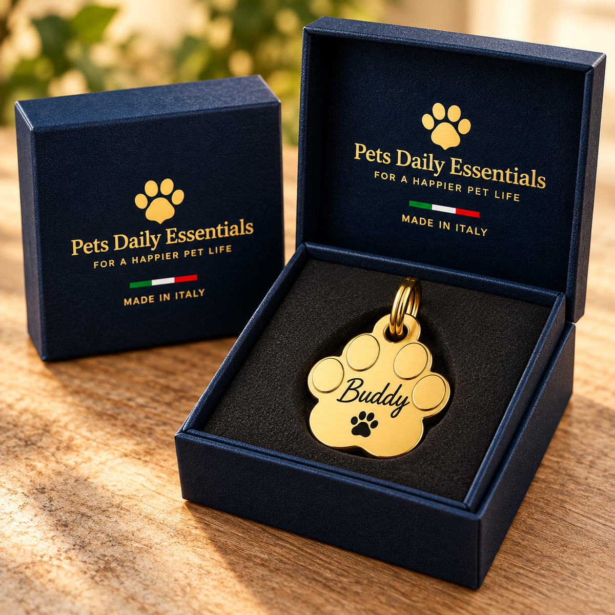 Illustrative Paw Solid Brass pet ID tag inside navy-and-gold Pets Daily Essentials box with Italian flag