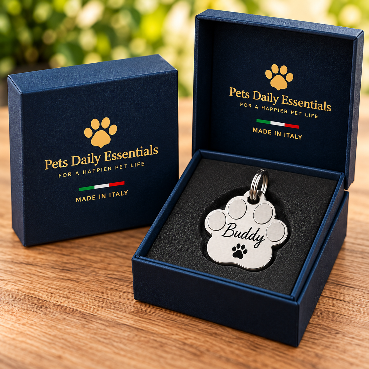 Illustrative Paw Stainless Steel pet ID tag inside navy-and-gold Pets Daily Essentials box with Italian flag